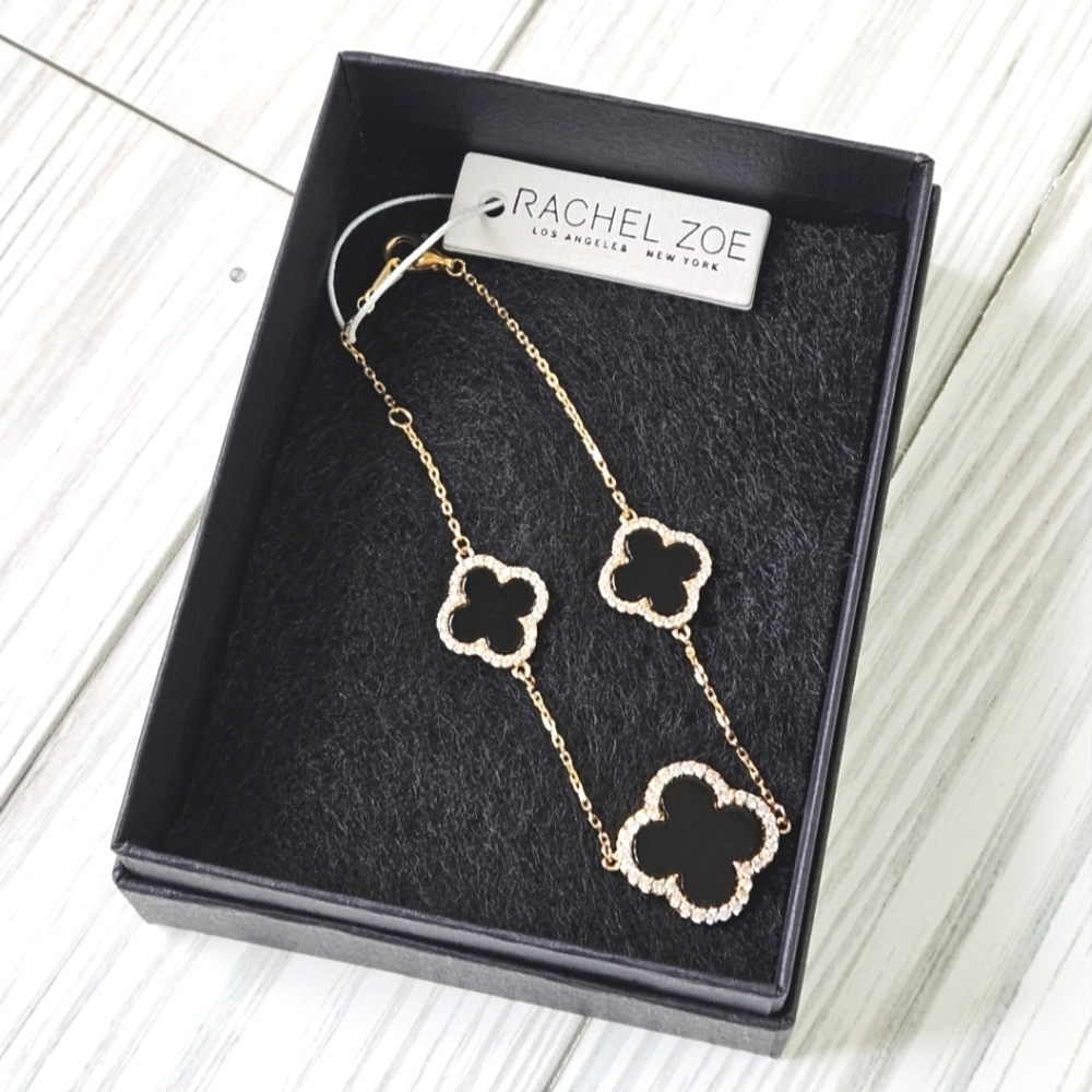 Rachel Zoe Three Clover Bracelet in Onyx and Gold Plated Sterling Silver NWT - Picture 7 of 7